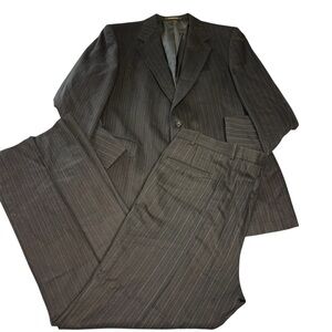 Vtg 44L 40x32 Black Striped Wool Mens Jacket Pants Suit